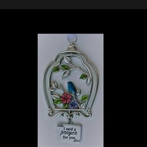 Charming Silver Bird Cage Ornament with Blue Bird and Floral Design